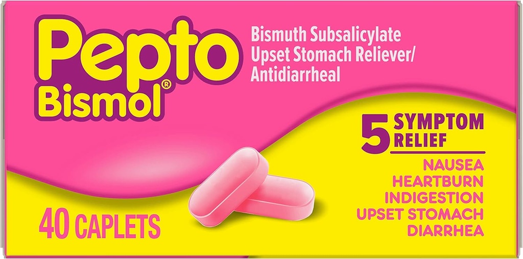 Capettes Pepto Bismol pour Nausées, Brûlures d'estomac, Indigestion, Stomac relevé et Diarrhée, 5 Symptômes de soulagement rapide sous une forme pratique, 40 ct