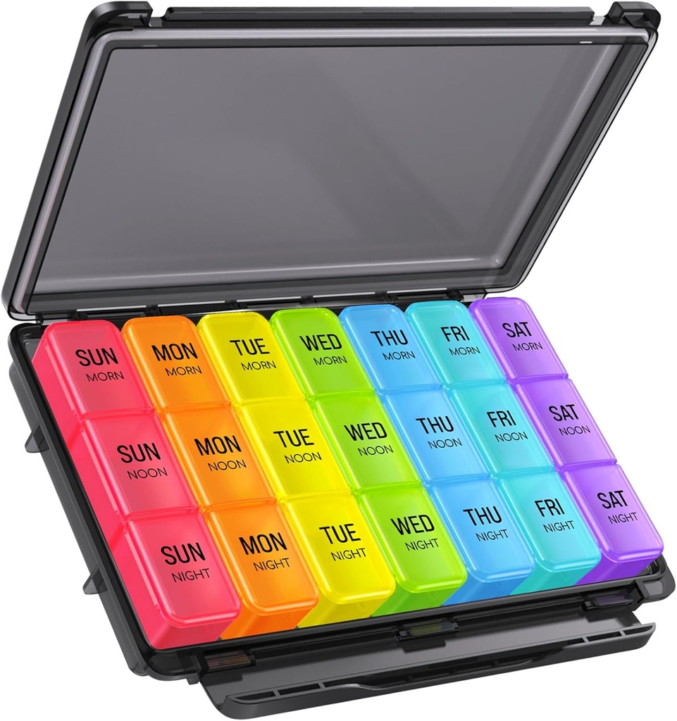 ZIKEE Weekly Pill Organizer 3 fois par jour avec un design résistant à l'humidité, boîte à pilules 7 jours avec léger-proof et protection de la vie privée pour les voyages, grand cas de pilule hebdomadaire pour les médicaments, vitamines, huiles de poisson