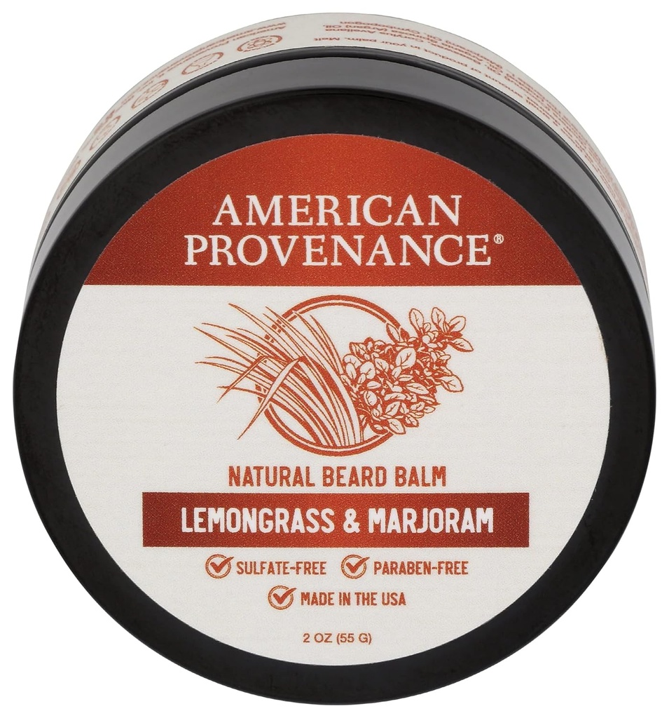 American Provenance Premium Natural Beard and Mustache Balm für Männer mit Shea Butter, Jojoba Öl, Argan Öl - Grooming Balm, dass Bedingungen, Moisturizes und Strenthens Beards and Mustaches of Any Length | Lemongrass & Marjoram, 2 oz (Pack von 1)