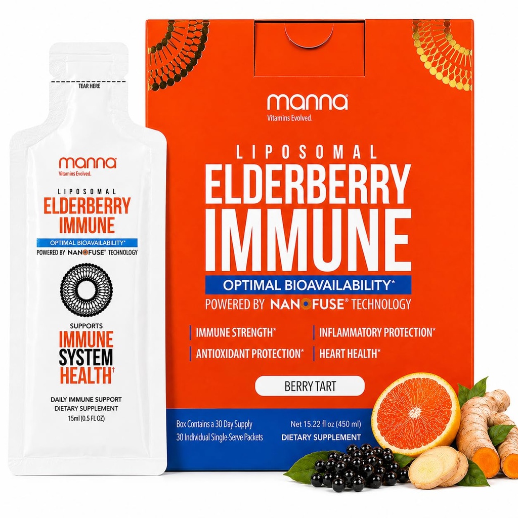 Manna Vitamins Evolved Liposomal Elderberry Immune Packets, Vitamine C, D etc. - Tägliche Immununterstützung für Erwachsene, Kinder - Zuckerfrei, Echte Elderberry Extrakt, Syrup, Reisen-Friendly, 15 Pack