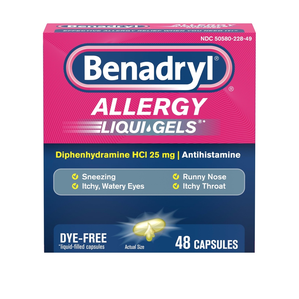 Benadryl Liqui-Gels Antihistamin Allergy Medicine & Cold Symptom Relief, Dye-Free Liquid Gels mit 25 mg Diphenhydramin HCl für Symptome wie, Runny Nose, Sneezing & More, 48 ct