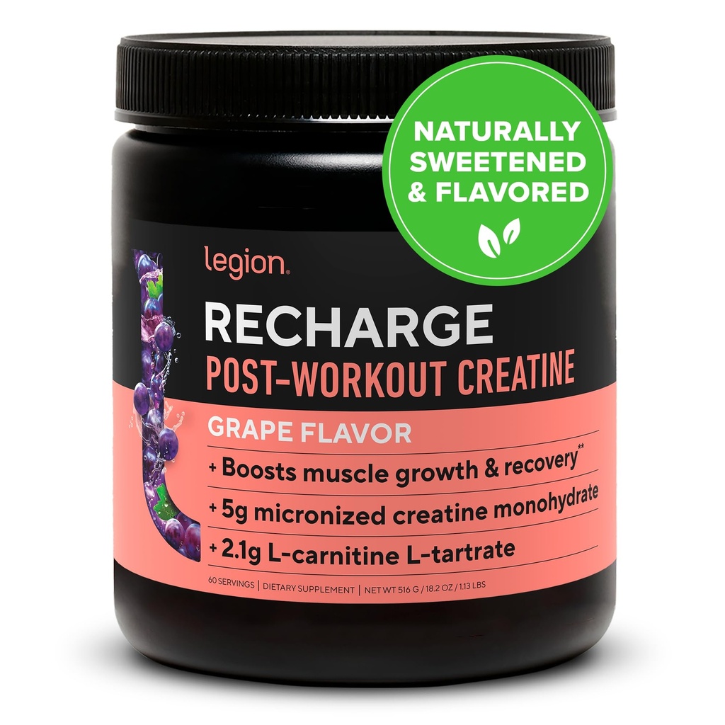 LÉGION Supplément de recharge après l'entraînement - Tous les muscles naturels Builder & Recovery Drink avec micronize créatine monohydraté. Naturellement sucré et aromatisé, sûr et sain. (Grape, 60 services)