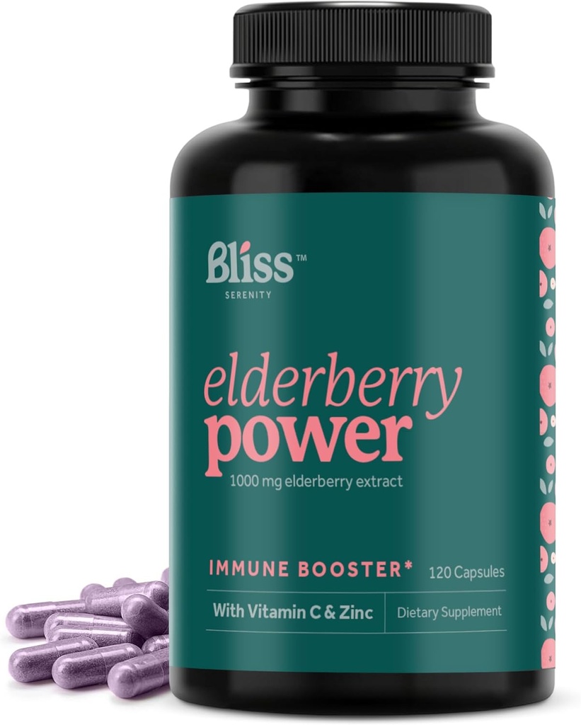 Elderberry mit Zink und Vitamin C für Erwachsene - Sambucus Elderberry Kapseln - 1000 mg Extrakt, Immununterstützungsergänzung für Frauen und Männer, mit Antioxidans Fruchtmischung, 120 Vegcaps, 60 Tage Versorgung