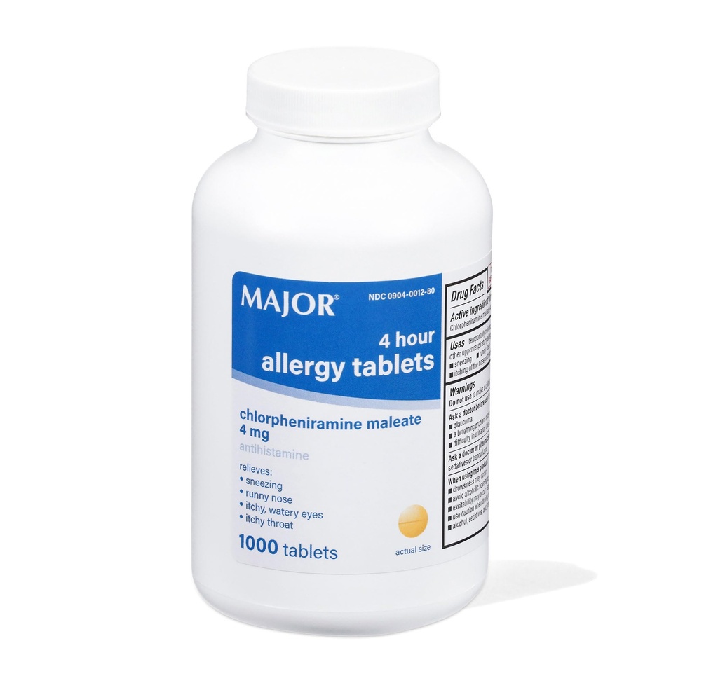 MAJOR 4 Hour Allergy Tabletten - Chlorpheniramin Maleat - 4 mg - Antihistamin - 1000 Zähler