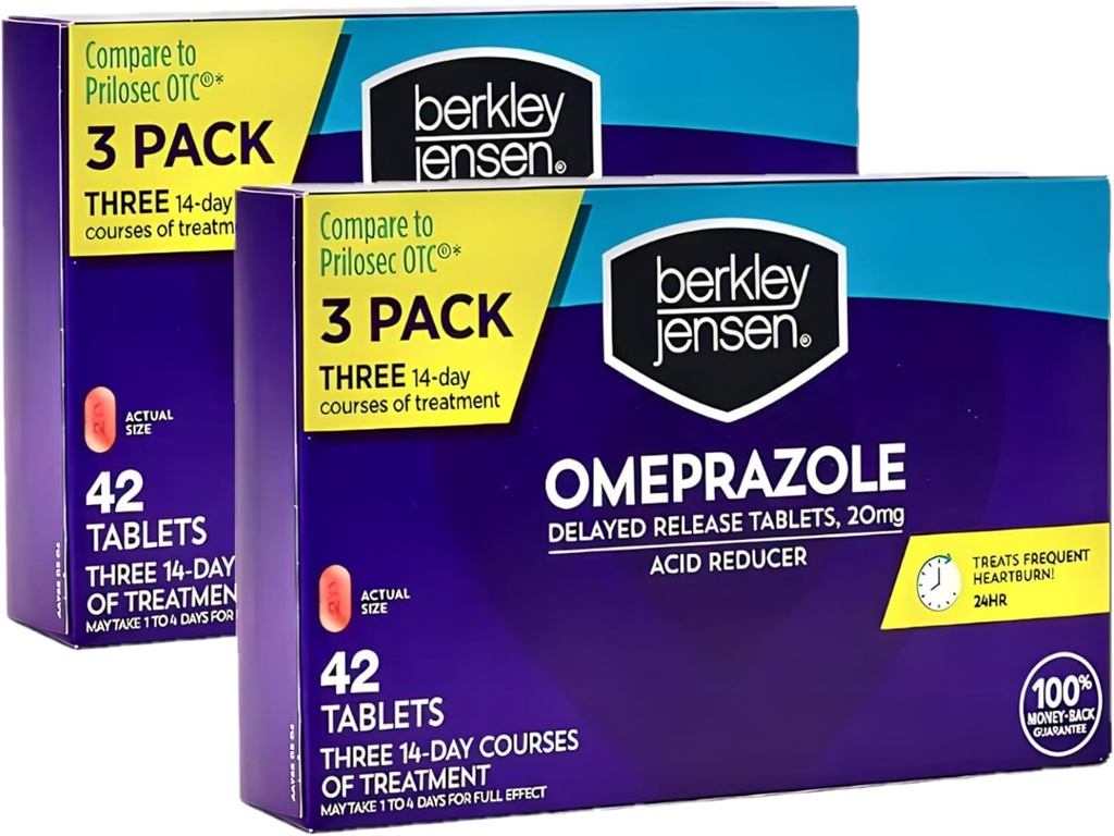Berkley Jensen Omeprazole 20 mg Comprimés à libération différée - Médecine des brûlures d'estomac - Pilules réducteurs d'acide - traite les brûlures d'estomac fréquentes - 3 cours de 14 jours, 42 Nombre (paquet de 2)