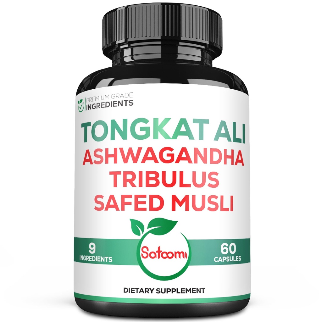 Satoomi Tongkat Ali Root Extract 200:1-9 Herbes essentielles avec Ashwagandha, Tribulus Terrestris & More - Soutien de la force, de l'énergie et des immunes saines - 60 capsules végétaliennes 2 mois d'approvisionnement