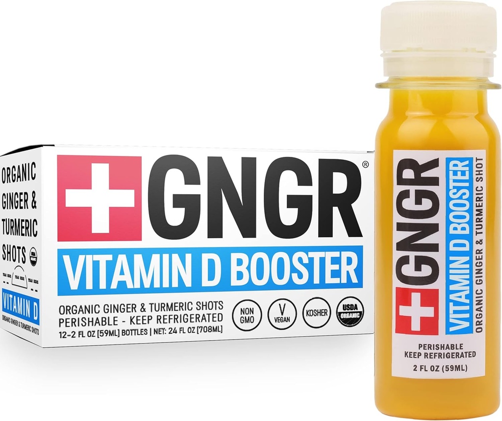 +GNGR Vitamin D Booster – Tropische Immunität Booster Edition Kaltgepresster Ingwer Shot mit Ananas, Passionsfrucht, Orange, Turmeric & Vitamin D3. Stimmung, Immunität & Energie. 2 fl oz (Pack von 12)
