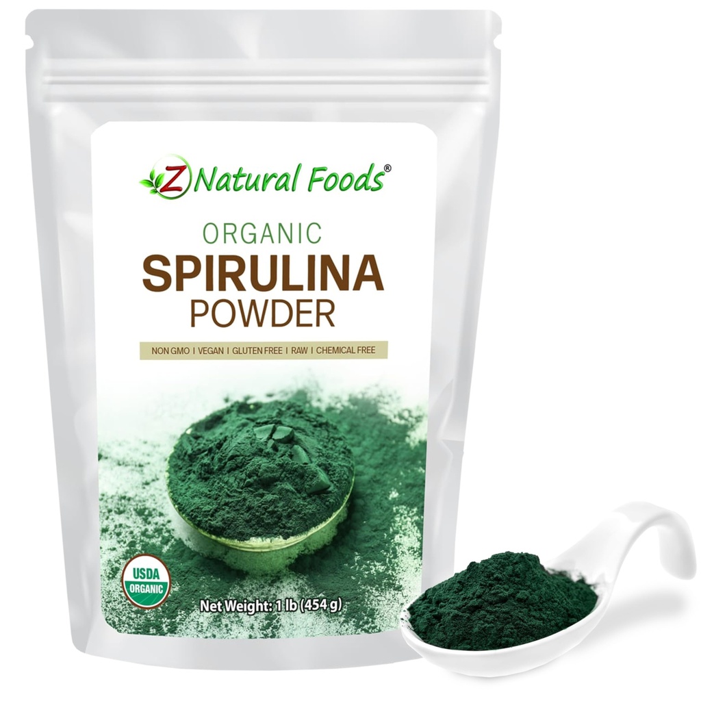 Z Aliments naturels Poudre de spiruline biologique - 100% de spiruline pure, d'algues bleues-vertes nutritives avec acides aminés, 15x Beta-Carotène - Mélanger dans des smoothies, yogourt, Recettes, 1 lb