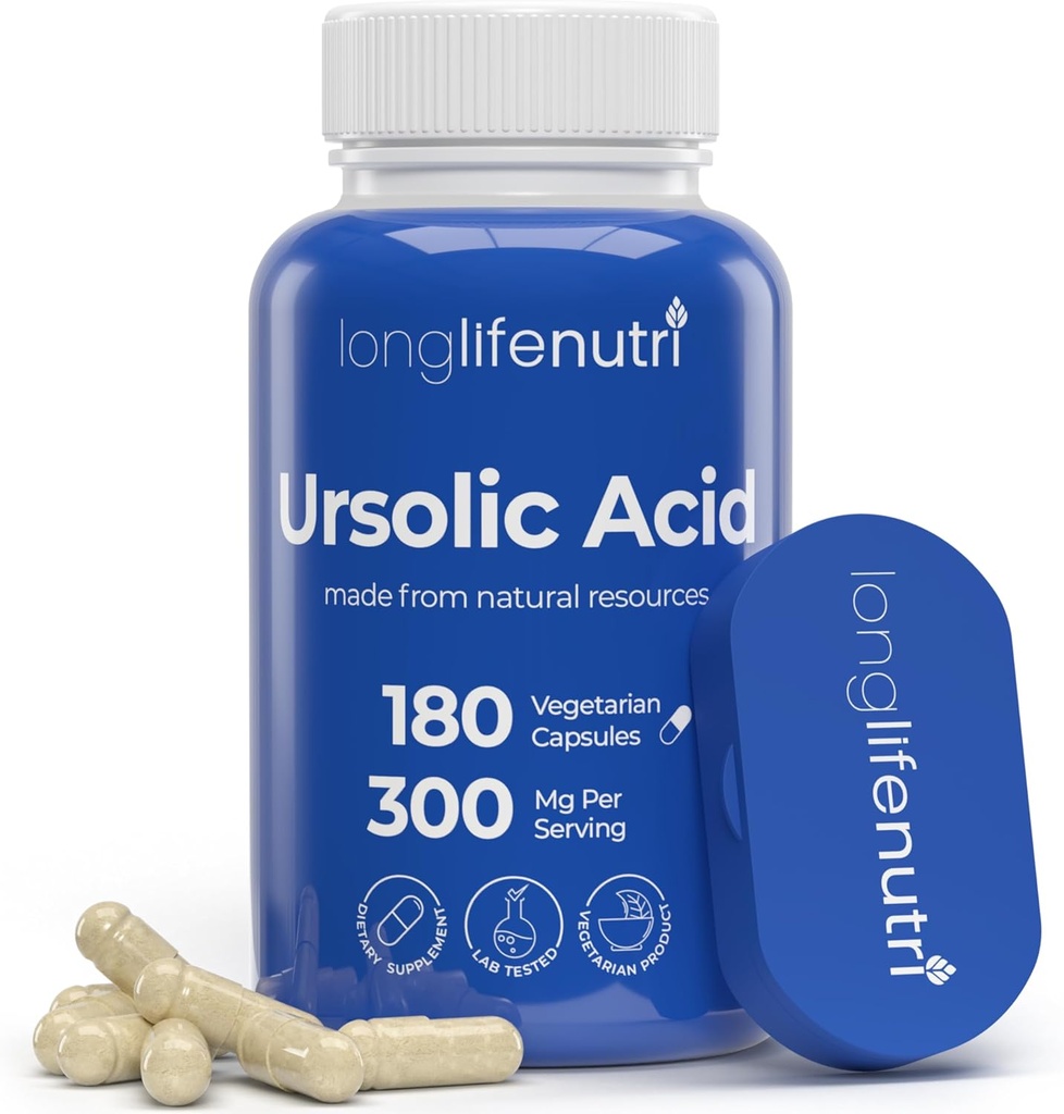 LongLifeNutri Ursolic Acid 300mg - Quelle: Rosmarin Blattextrakt, 180 Vegetarische Kapseln, Bio-Ergänzung für Muskelwachstum & Erholung, 2-Monat-Versorgung, Lab Tested, GMP Certified, Made in USA