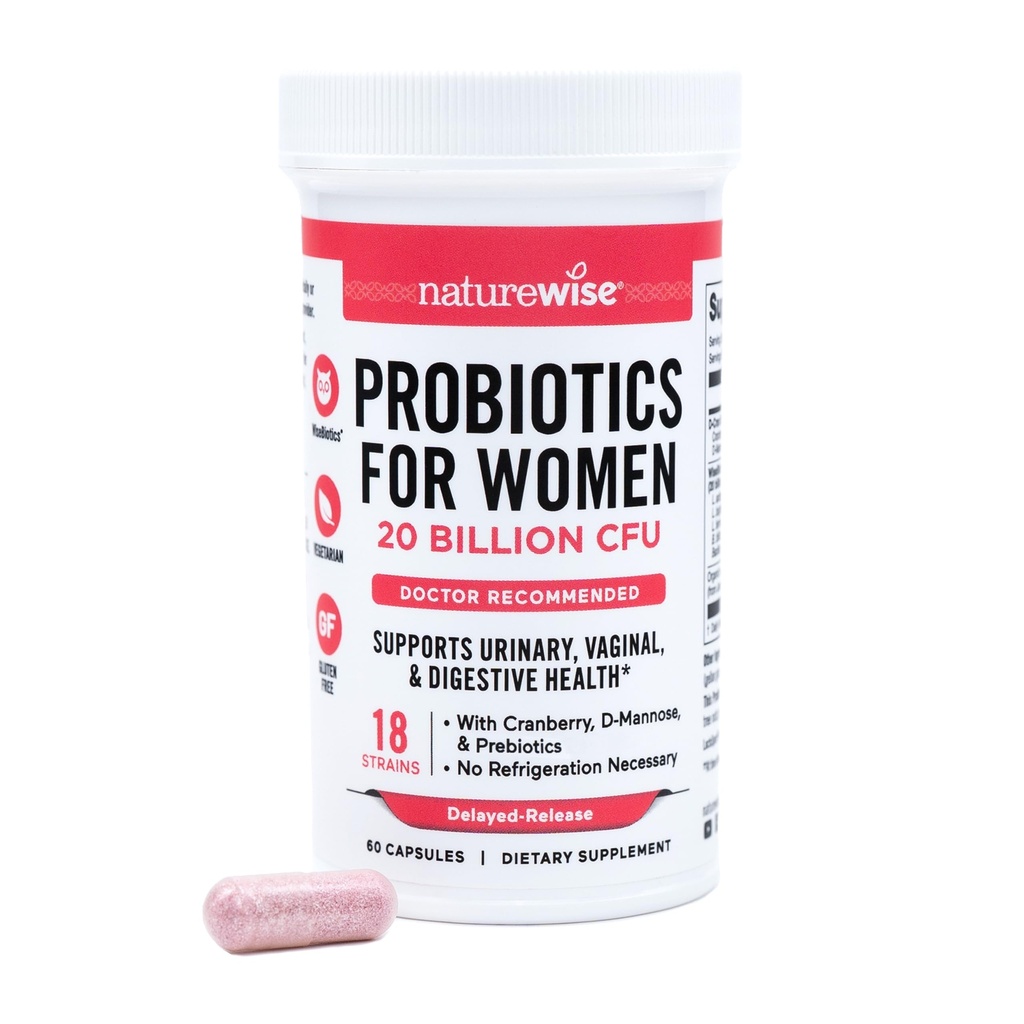 NatureWise Probiotiques pour les femmes + Prébiotiques organiques D-Mannose et canneberge - Probiotiques vaginaux pour l'équilibre PH, le tube digestif et urinaire - 18 souches, 20 milliards CFU - 60 capsules[60 jours]