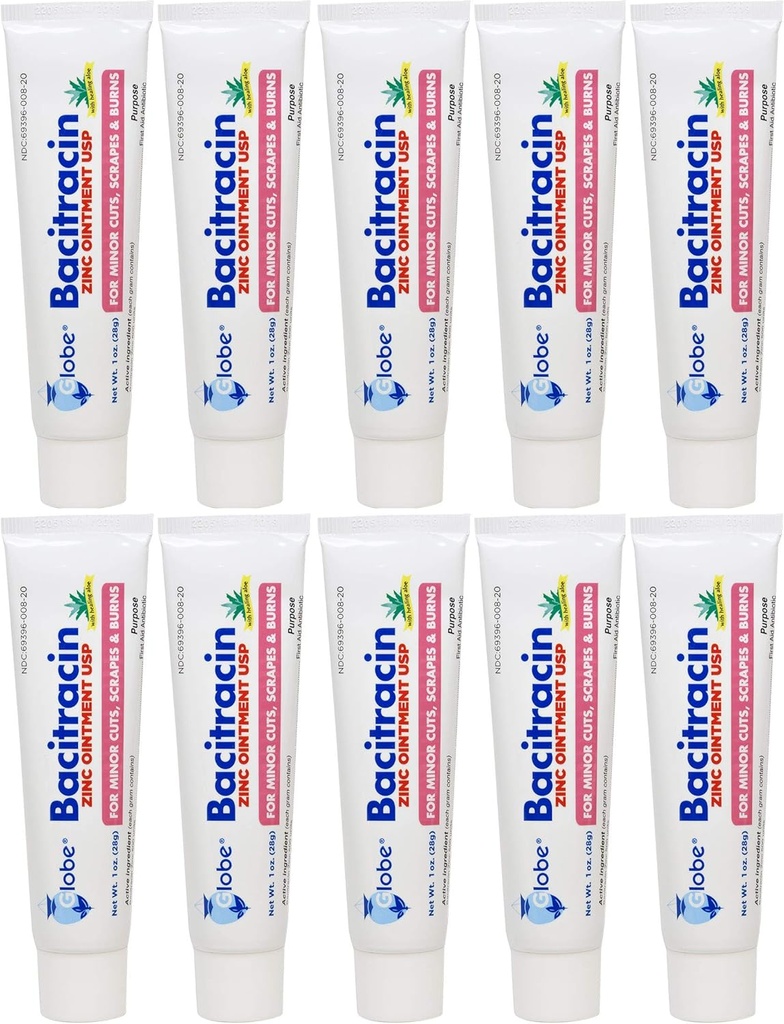 Globe Bacitracin Zinc Salbe 1 oz | Antibiotische Salbe | Essential Antibiotic First Aid Supplies | Heilwirkung | Maximum Antibiotic Power | Verhindert Infektion in Schnitten, Schrott, Verbrennungen | 10 PACK |