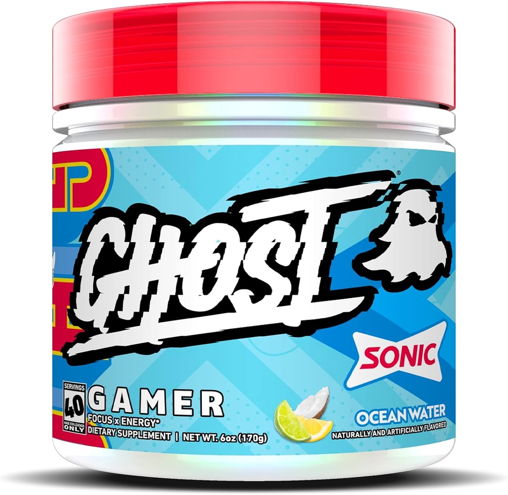 GHOST Gamer: Energy and Focus Support Formula - 40 Servierungen, Sonic Ocean Water - Nootropics & Natural Caffeine für Aufmerksamkeit, Genauigkeit & Reaktionszeit - Vegan, Glutenfrei