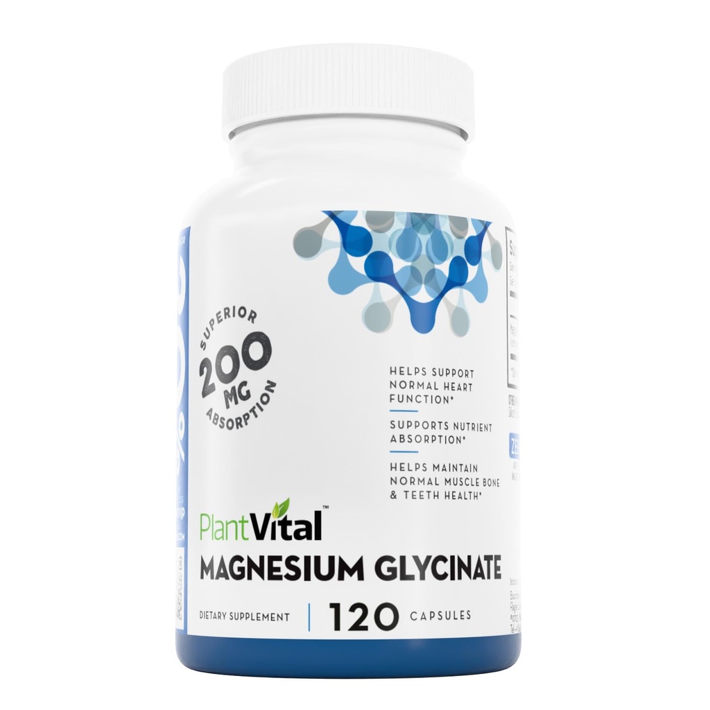 PlantVital Magnésium Glycinat 200mg 120 Capsules - Haute Absorption, Non-OGM, Vegan, Sans gluten - Soutient le sommeil normal, la fonction musculaire et nerveuse, le coeur normal et la santé des os, Aide Se sentir calme et se détendre