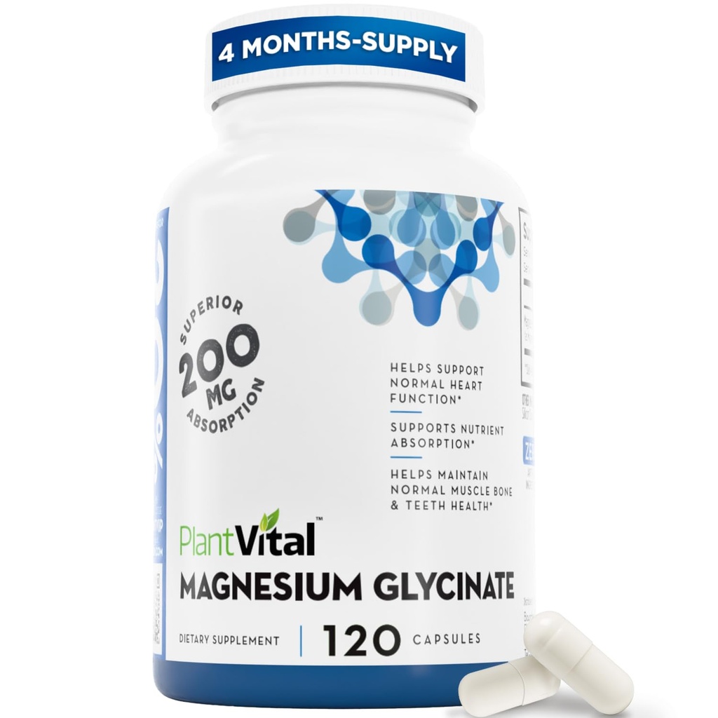 PlantVital Magnesium Glycinate 200mg 120 Kapseln - Hohe Absorption, Non-GMO, Vegan, Gluten-Free - Unterstützt normale Schlaf, Muskel- & Nerve-Funktion, normale Herz- & Knochen-Gesundheit, Hilfe Gefühl beruhigen & Relax