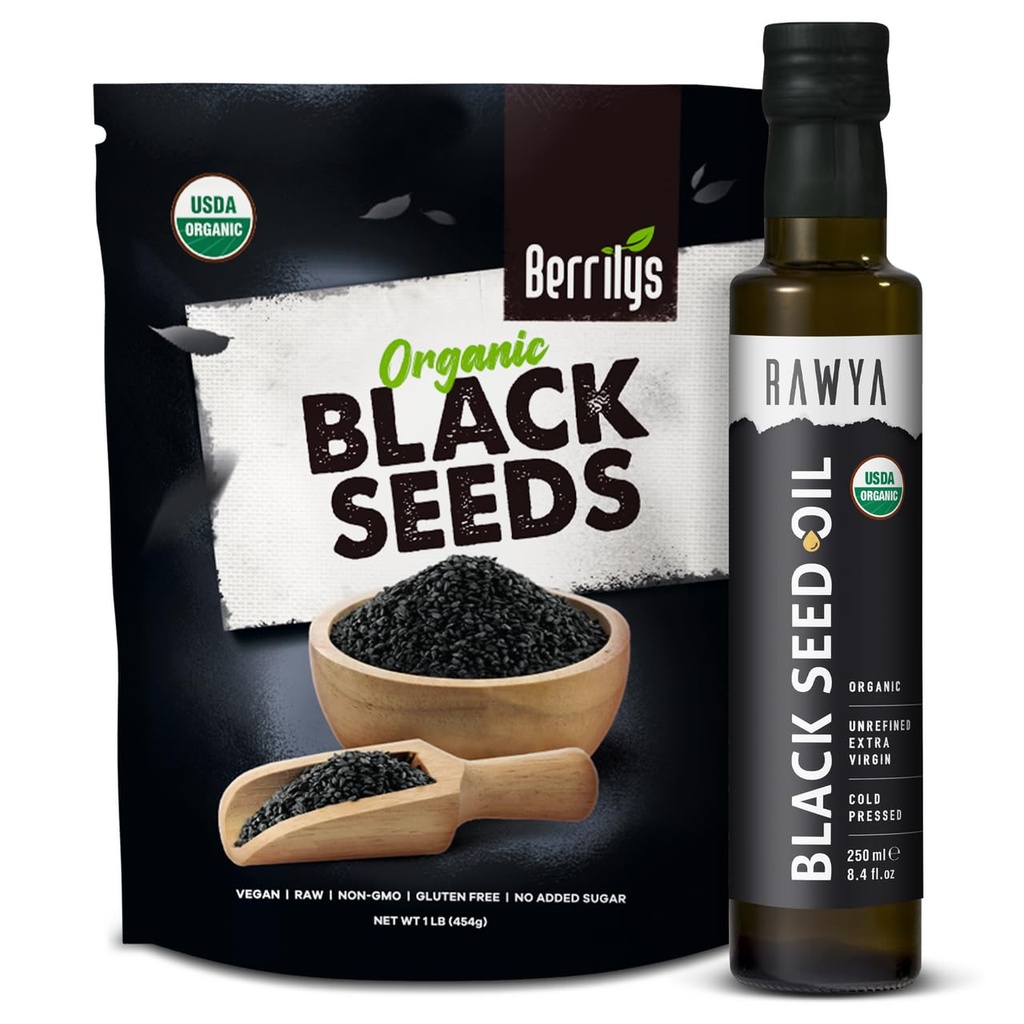 RAWYA Black Seeds + Black Seed Oil - USDA Organic Certified, Cold Press, Nigella Sativa, Cumin Seed Oil, Kalonji, Premium Quality, High Thymoquinone, Pure & Natural, 8.4 Oz + 16 Oz Seeds