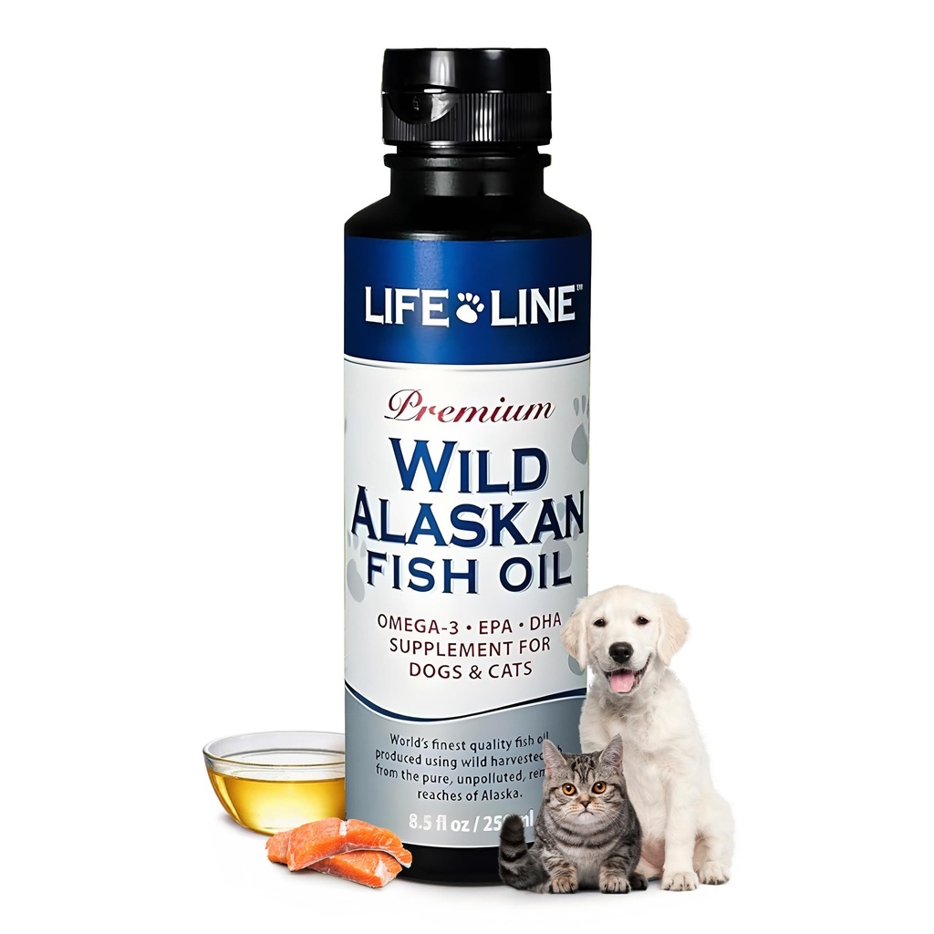 Life Line Pet Nutrition Wild Alaskan Fish Oil Omega-3 Supplément pour la peau et le manteau – soutient la santé cérébrale, oculaire et cardiaque chez les chiens et les chats, 8,5oz
