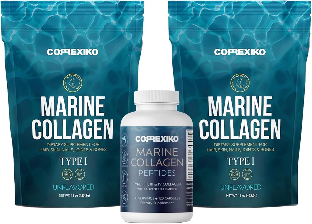 CORREXIKO 2X Poudre de collagène marin (15oz) et 1x Capsules marines