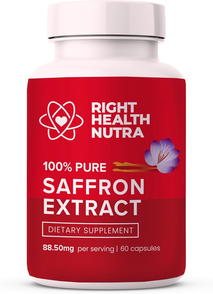 Santé droite Nutra Safran Suppléments - 100% Extrait pur de safran - Fabriqué aux États-Unis - Supports Mood-Soin Focus-Digestion - 60 Capsules