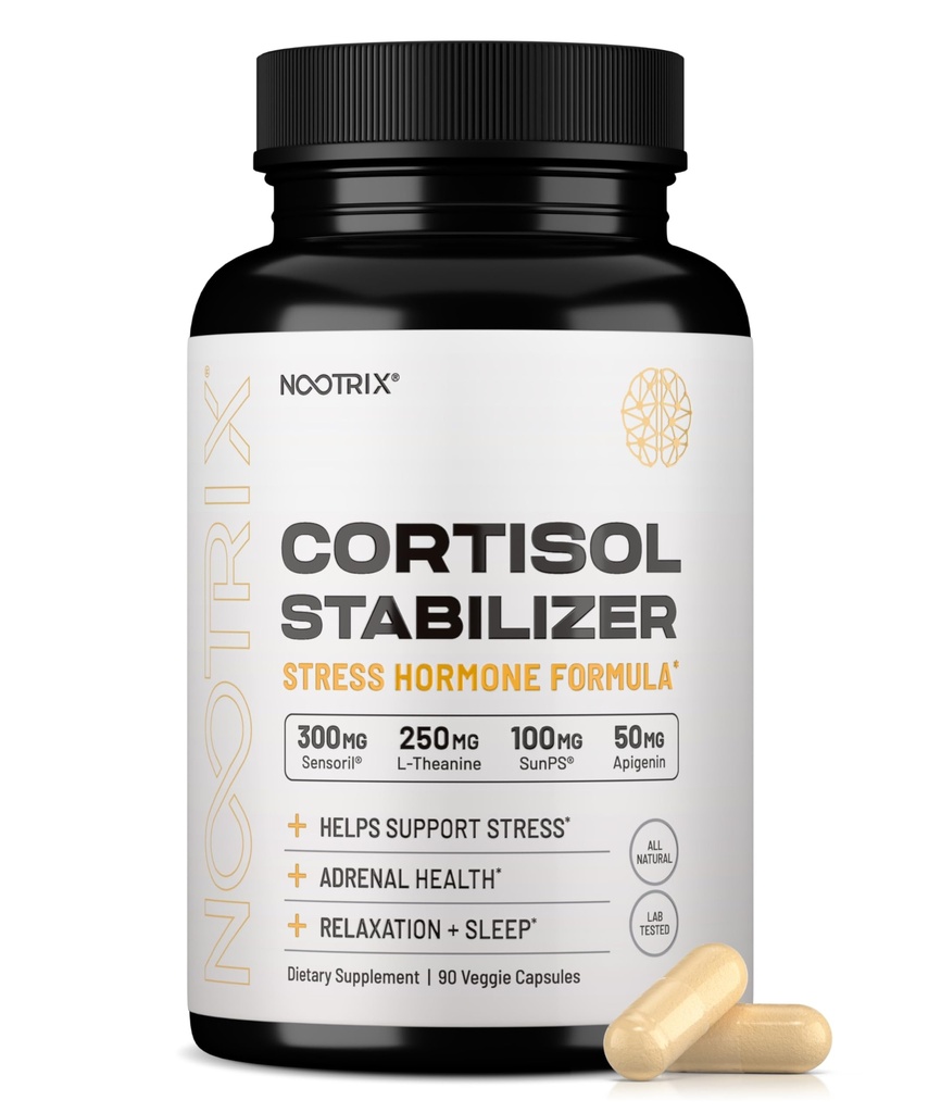 Nootrix Cortisol Manager & Stabilizer Supplement | Unterstützt Tiefen Schlaf, Entspannung, Adrenal Health & Stress | 300mg Ashwagandha | L-Theanine, Rhodiola Rosea Extract & Apigenin | 90 Kapseln