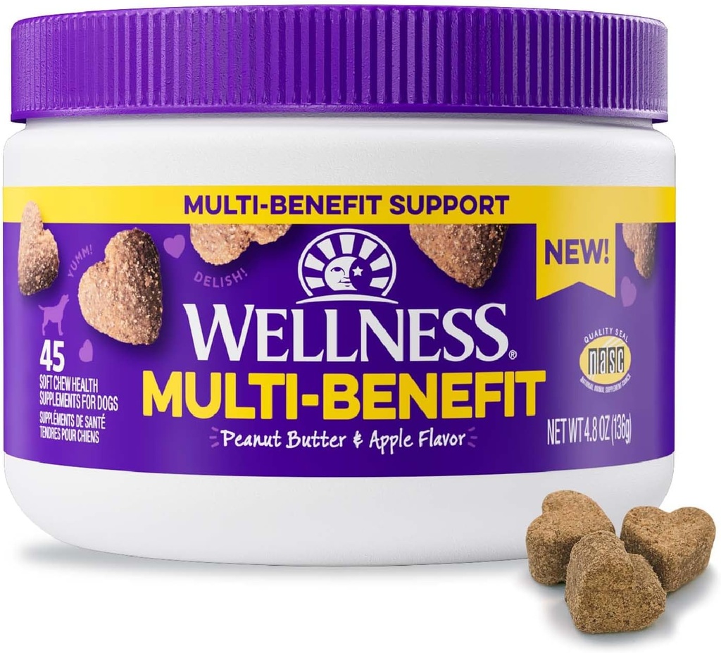 Wellness Peanut Butter & Apple Flavored Soft Chews Multi-Benefit Ergänzungen für Hunde, 45 Zähler