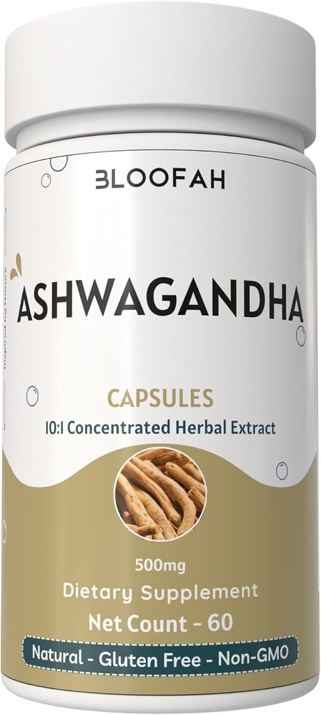 Ashwagandha Kapseln 500mg | Withania somnifera | Konzentriert 10:1 Extrakt | Reine Kräuterergänzung | Nicht-GVO, Glutenfrei, keine Zusatzstoffe, GMP-zertifiziert (60 Count (Pack von 1))