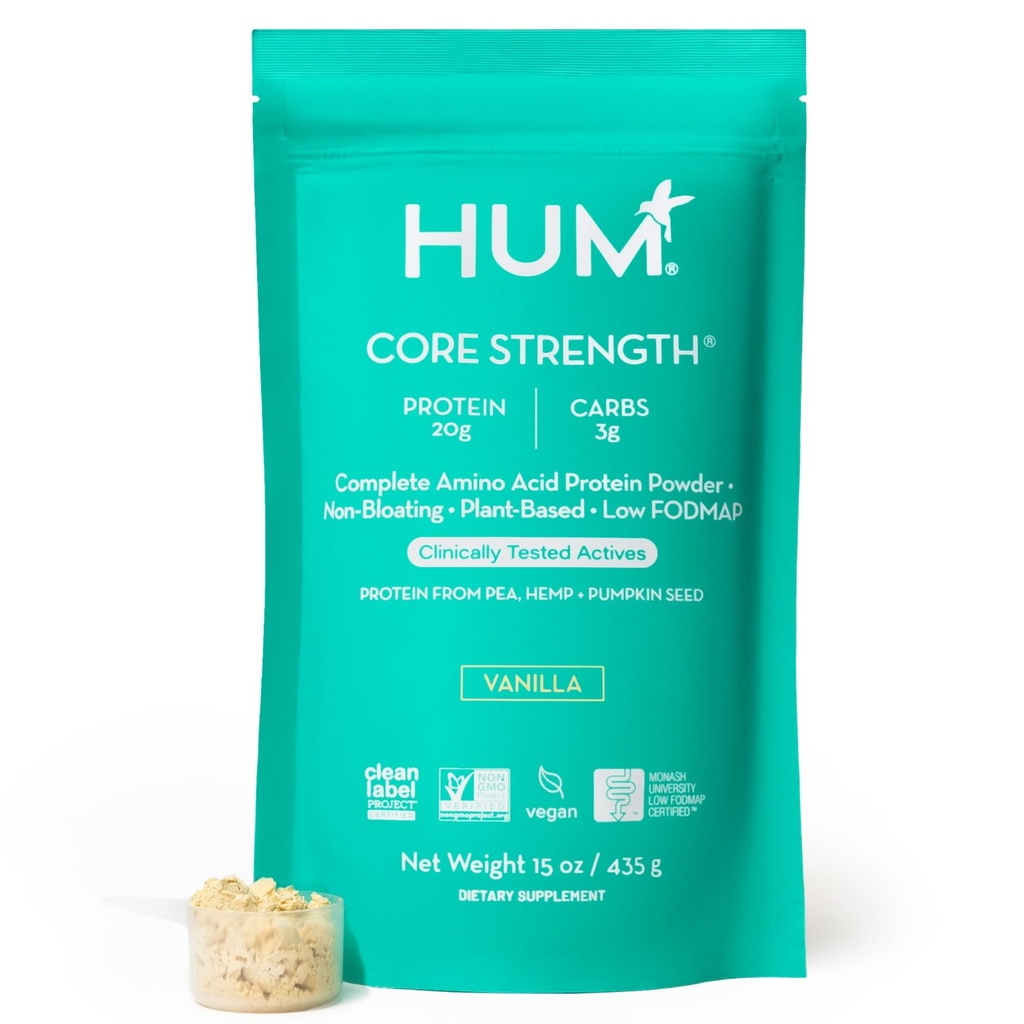 HUM Core Strength Vanilla Vegan Protein Powder, sans gluten, base végétale, 20g de protéines par portion, acides aminés, protéines de graines de chanvre et de citrouille de pois, faible fodmap, ami-gout, facile à digérer, 15 portions