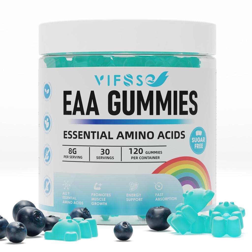 EAA-Gummien 120 Gummie (Blauer Himbeer), essentielle Aminosäuren - Alle 9 essentielle Aminoe (EAA) und alle verzweigtkettigen Aminosäuren (BCAAs), Non-GMO, Glutenfrei, Vegetarisch Freundlich