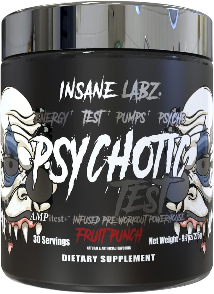 Insane Labz Psychotic Test, High Stim Testosteron Energie und Pump Boosting Pre-Workout Pulver mit DMAE Bitartrate, D Aspartic Acid, Kreatin HCL und Glycerol Monostearate, 30 Servierungen, Obst-Punch