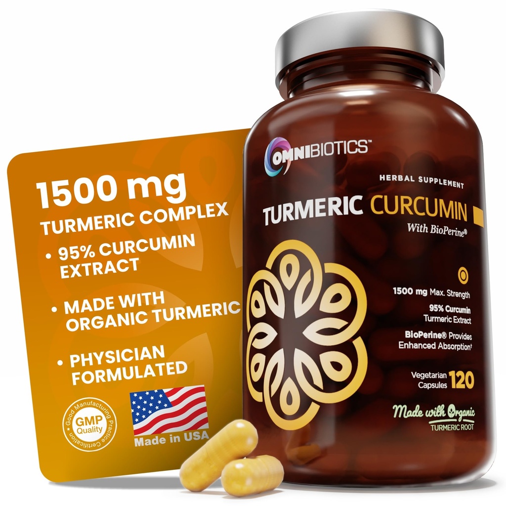 OmniBiotics Organic Turmeric Curcumin Supplement mit schwarzem Pfeffer Extrakt – 1500mg Kurkuma mit 95% Curcuminoide & BioPerine, hohe Absorption für Gelenkunterstützung – 120 Vegan Kapseln