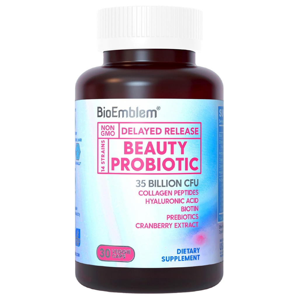 BioEmblem Beauty Probiotics für Frauen, 35 Billion CFU 14 Strains mit Biotin, Kollagen, Präbiotika für Verdauungsgesundheit, Haarhaut und Nägel, Vaginal Probiotics Supplement, Regal stabil, 30 Caps