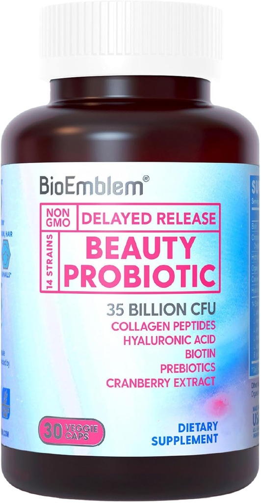 BioEmblem Probiotiques beauté pour les femmes, 35 milliards CFU 14 souches avec biotine, collagène, prébiotiques pour la santé digestive, peau et ongles capillaires, supplément probiotique vaginal, plateau stable, 30 capsules