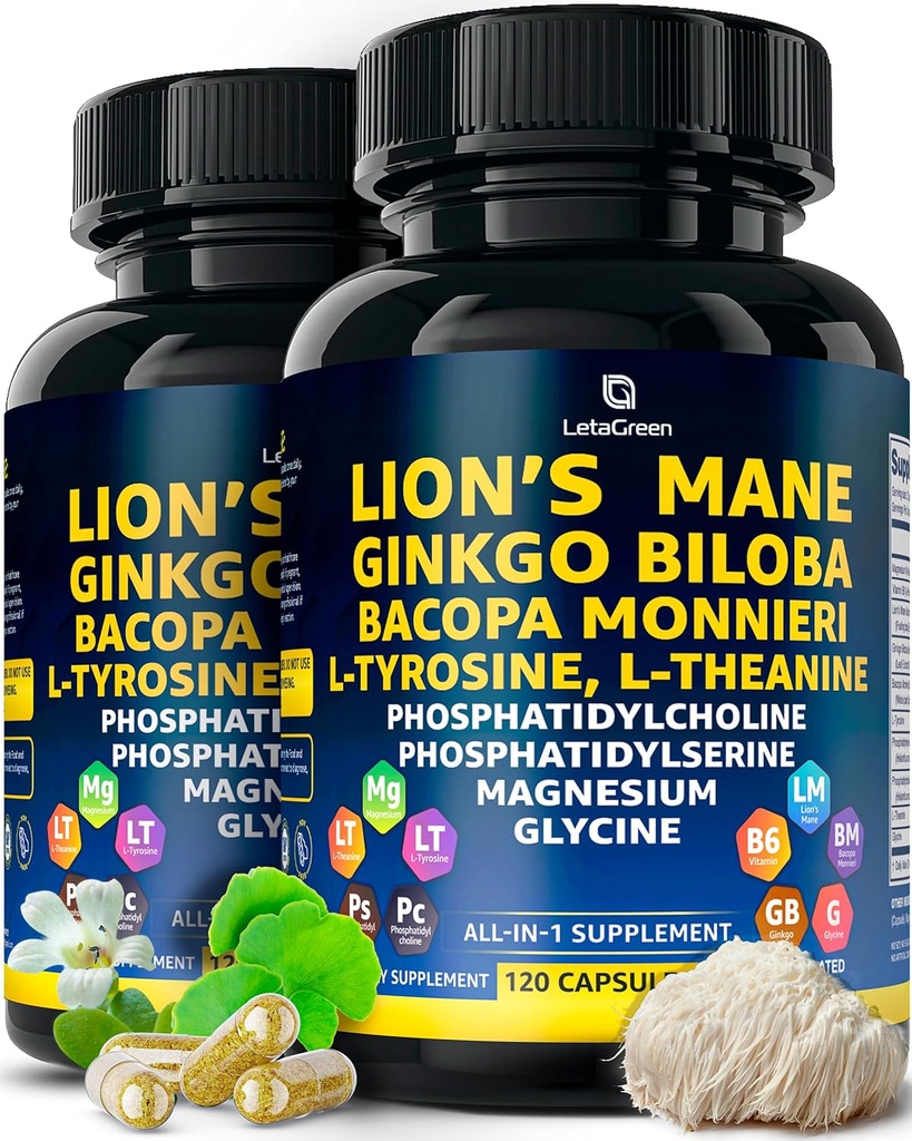 Bio Lions Mane Supplement Kapseln - 240 Echte Pilze Lion's Mane Capsules mit Ginkgo Biloba Herb, Bacopa Monnieri, L Theanine, L Tyrosine - Pilz-Komplex für tägliche Wellness