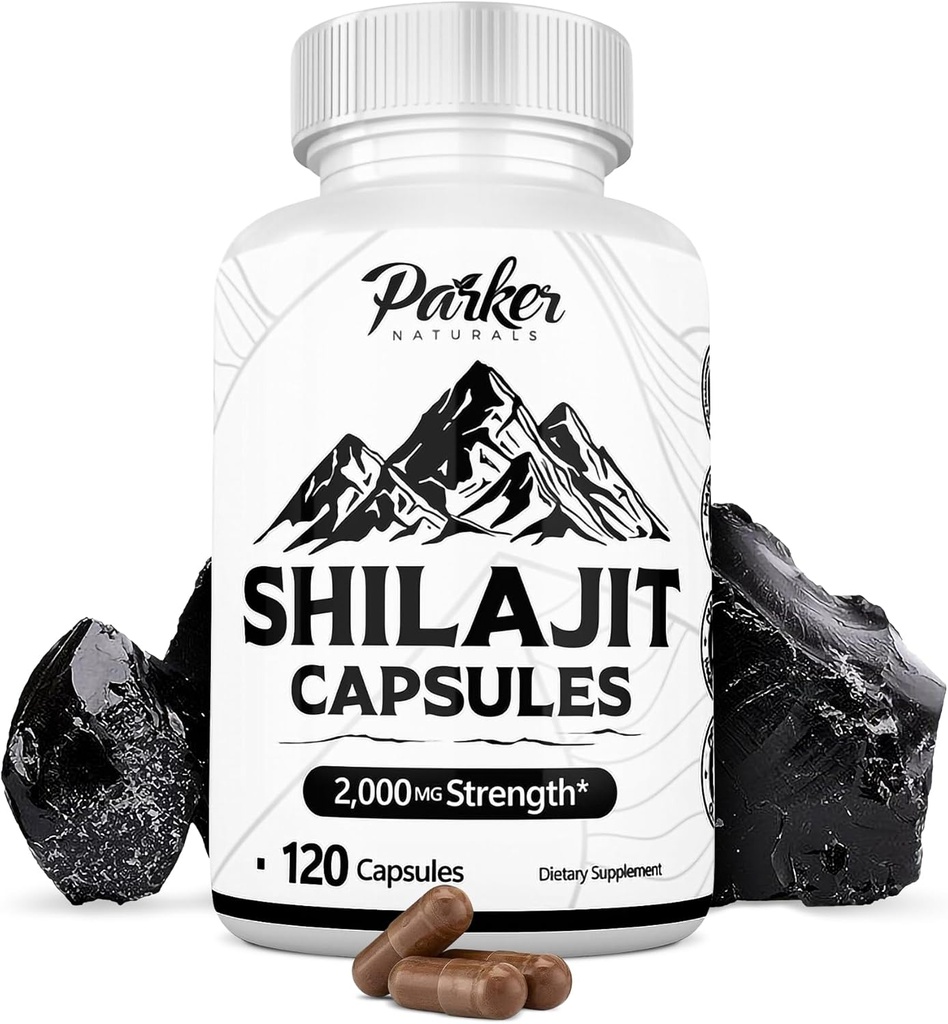 Parker Naturals Pure Himalayan Shilajit Kapseln, 2000 mg Stärke Shilajit Resin und Fulvic Säure Supplement, Vegan und Glutenfreie Kapseln, 120 Zähler