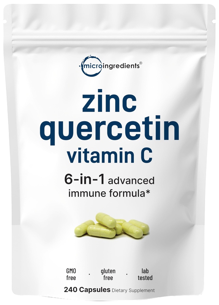 Micro Ingredients Quercetin mit Vitamin C und Zink, 240 Kapseln | Quercetin 500mg, Vitamin C 500mg, Zink 50mg (Picolinat, Citrat, Glycinat, Gluconate) | Komplette Immununterstützungsergänzungen