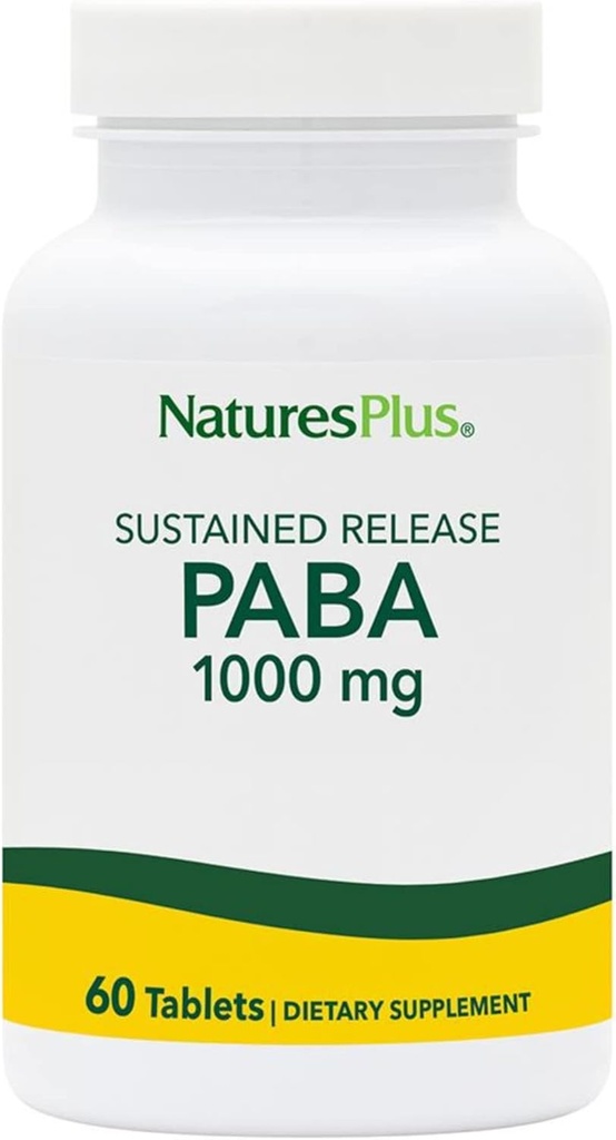 Natures Plus PABA, Sustained Release (para-Aminobenzoesäure) - 1000 mg, 60 vegetarische Tabletten - Hautgesundheitsunterstützungsergänzung, fördert Energieproduktion - Glutenfrei - 60 Servietten