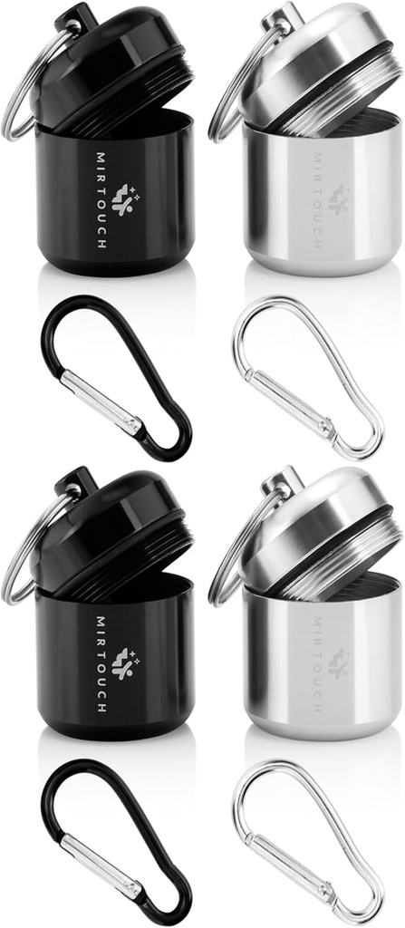 Tragbare Schlüsselanhänger Pillenhalter - diskrete wasserdichte Mini Pillen-Containerträger mit starken Karabinern für Taschentasche Reisetaschen - Aluminiumlegierung Pille Fob Box für Medizin Schmuck - 4 Pack