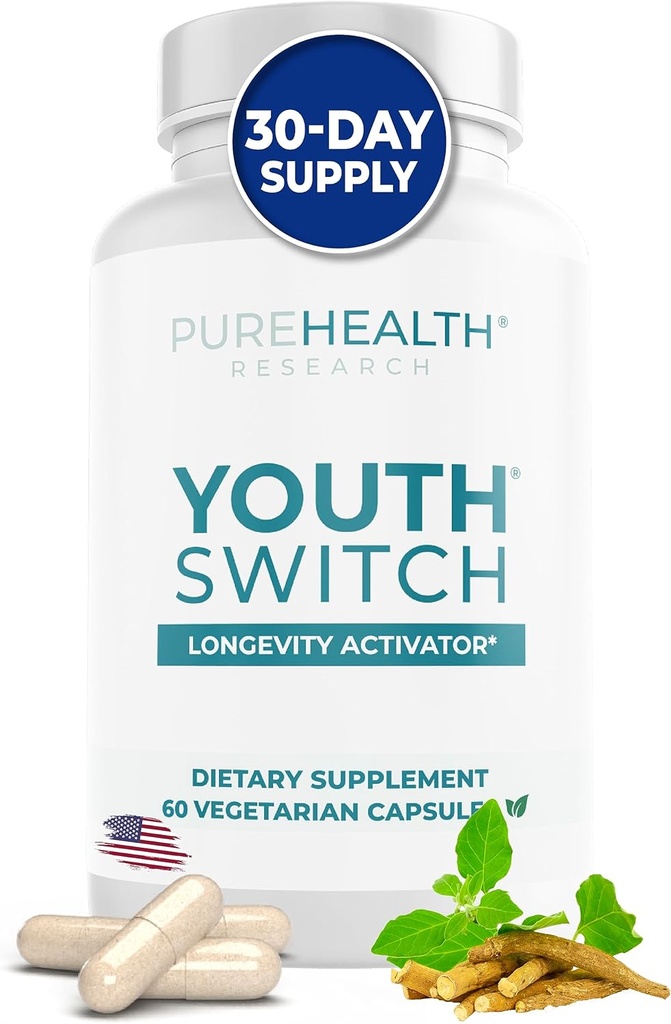 RECHERCHE SUR LA PUREHEALTH Youth Switch - Supplément anti-vieillissement avec Ashwagandha Extract 600 mg KSM-66 - Activateur de longue durée - Suppléments télomériques - Vieillissement interrompu et inverse, 1 bouteille - 60 capsules