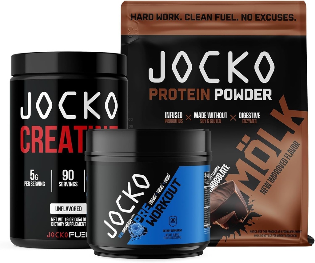 Jocko Fuel 3 Pack Gym Bundle - Kreatin, Schokolade MOLK, & Blue Raspberry Pre Workout