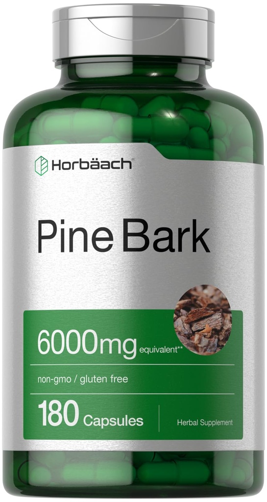 Horbäach Pine Bark Extrakt | 6000 mg | 180 Kapseln | Standardisiert, um 75% Proanthocyanidine | Non-GMO, Glutenfreie Ergänzung | Hohe Potenz enthalten