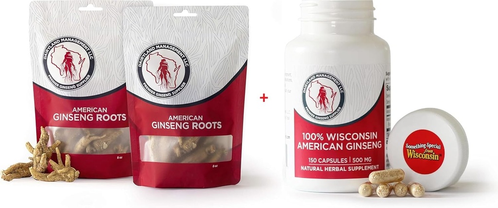 Dairyland American Ginseng Roots 16 oz und Capsules 150 ct Pack von Wisconsin Ginseng – Direkt von Farmer zu Consumer Д