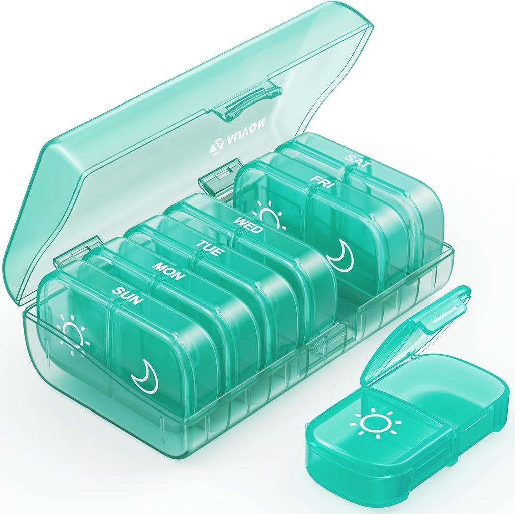 AUVON XL Wöchentliche Pille Organizer 2 Mal pro Tag, Pille Box 7 Tag mit Ein-Side große Öffnungen für leicht zu bedienen, Cyan AM Pillen Fall für Medikamente, Vitamine, Fischöle, Beilagen