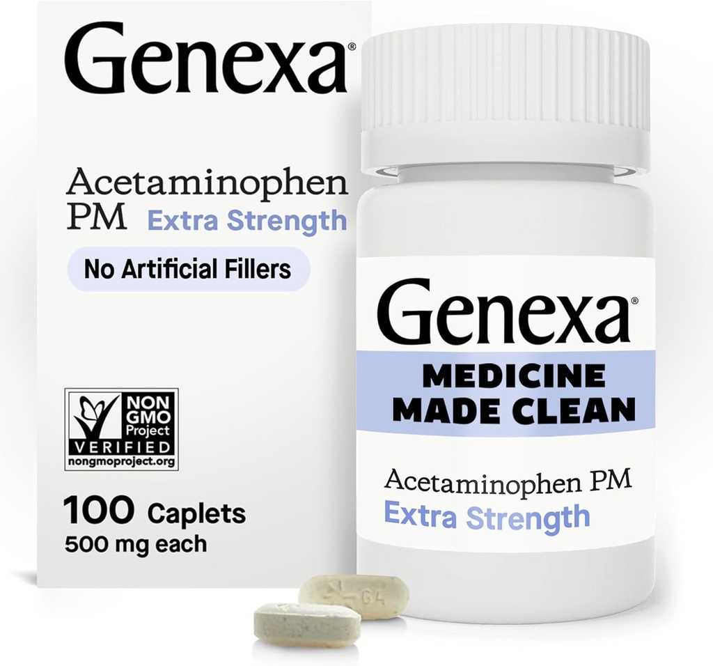 Genexa Clean Acetaminophen PM 500mg Extra Strength, Dye Free Pain Reliever, Nighttime Sleep Aid, Fever Reducer, 0% Künstliche Additive, Relieves Headache, Backache, Minor Arthritis Pain, 100 Tabletten