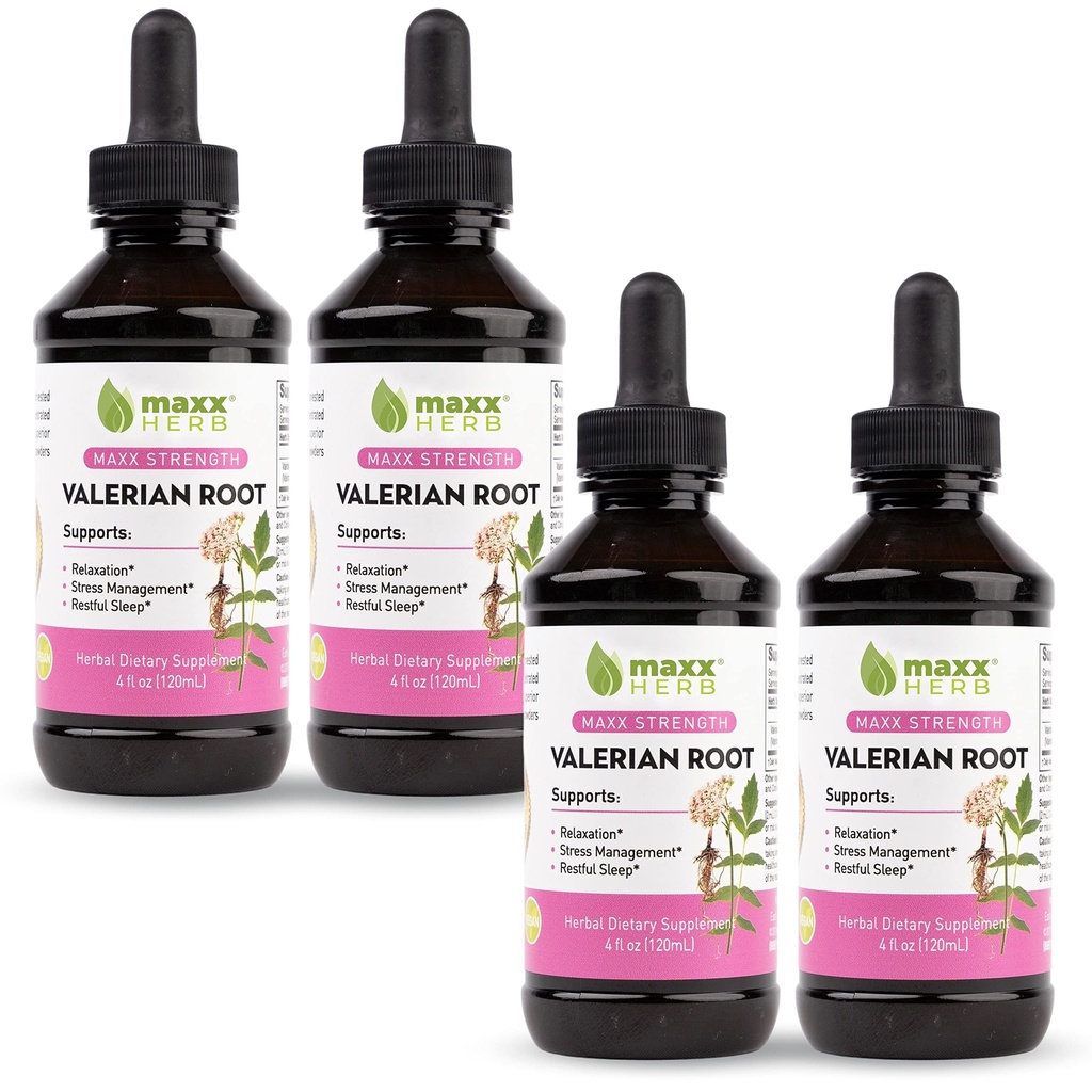 Maxx Herb Valerian Root Extract - Max Strength, Liquid Valerian Root absorbiert besser als Kapseln, für Erholung und Erholung Schlaf, Alkoholfrei - 4 Flaschen, 4 Oz Jeder (240 Servierungen)