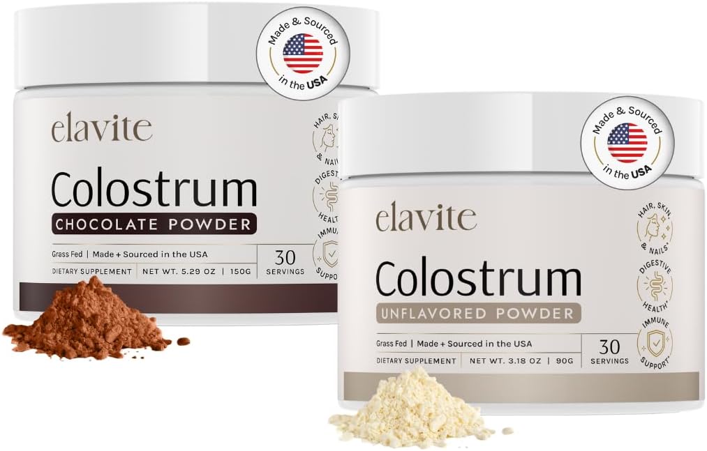 Bovine Colostrum Powder (60 Servierungen) Bundle Grass Fed Colostrum für Damen und Herren - Ergänzung für gesundes Haar, Haut und Nägel - Schokolade & Unflavored - Made in USA