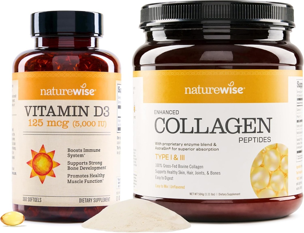 NatureWise Vitamine D3 5000iu (125 mcg) 1 an d'approvisionnement pour une fonction musculaire saine Peptides de collagène améliorés (45 portions) - Hydrolysés de type I et III