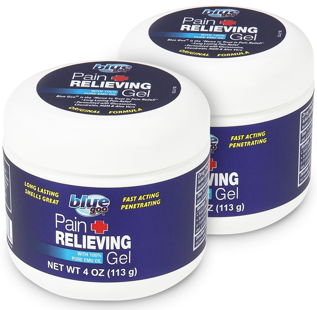 Blue Goo Pain Relieving Gel – für Rücken, Neck, Muskel und Gelenkschmerzen, schnelles Abkühlen und beruhigendes Relief mit 100% reines Emuöl, 4 Unzen (2 Pack)