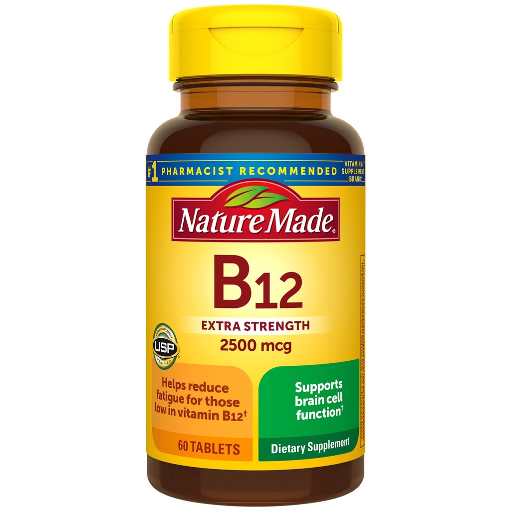 Nature faite extra force vitamine B12 2500 mcg, B12 vitamines, supplément alimentaire pour le métabolisme énergétique support, 60 comprimés, 60 jours d'approvisionnement