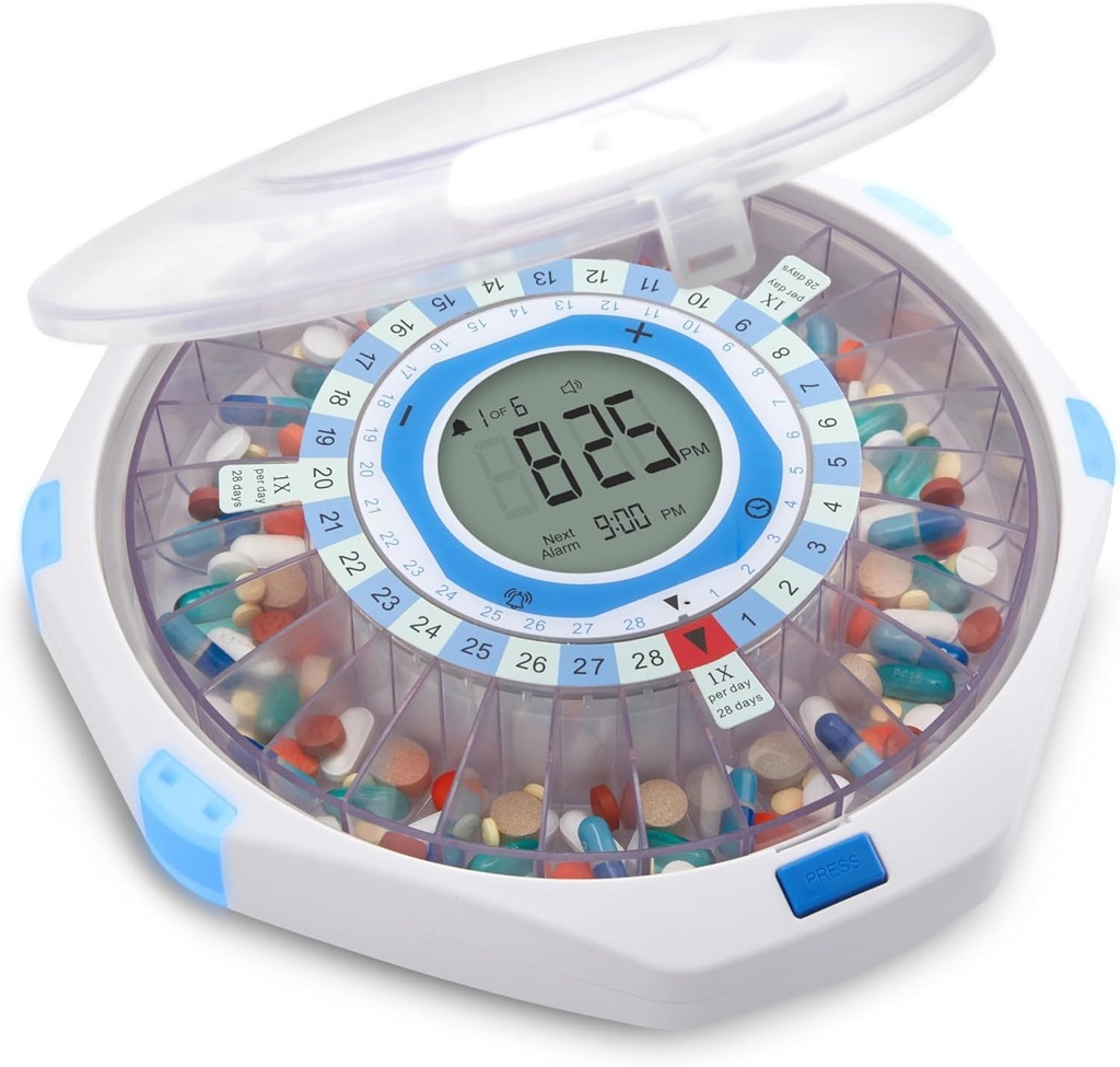 LiveFine WiFi Automatische Pillenspender und Remote Medication Monitoring System mit Locking Key, 28-Day Medication Organizer Bis zu 9 Dosierungen pro, einstellbare Licht/Sound Alarme für Rezepte & Vitami