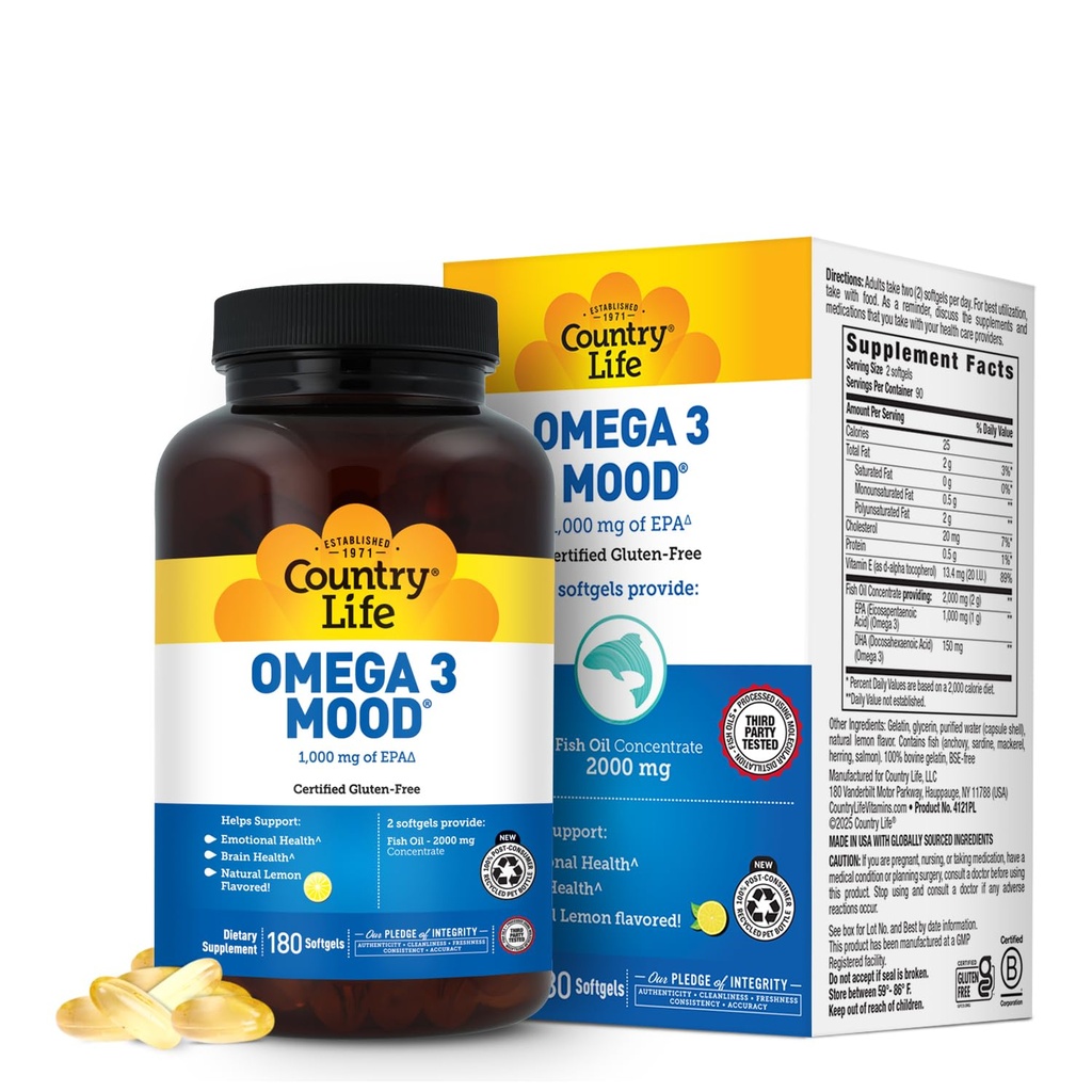 Country Life Omega 3 Fischöl-Ergänzung - High Concentration EPA und DHA Omega 3 Fettsäuren - 2000 mg Fischöl für Emotionale Gesundheit, Mood-Support, und kein Fisch Geschmack - Natürliche Zitronen Geschmack