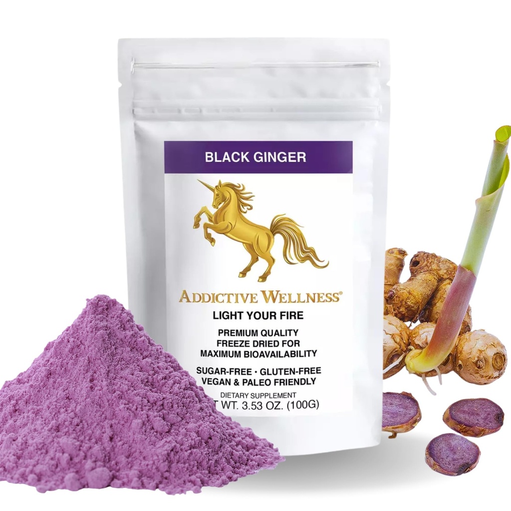 Addictive Wellness Thai Schwarz Ginger für Männer, Thai Schwarz Ginger Ergänzung zu Energie Metabolismus, Endurance & Performance, Freeze Dried Black Ginger Powder, 100 Gramm, Vegan & Paleo